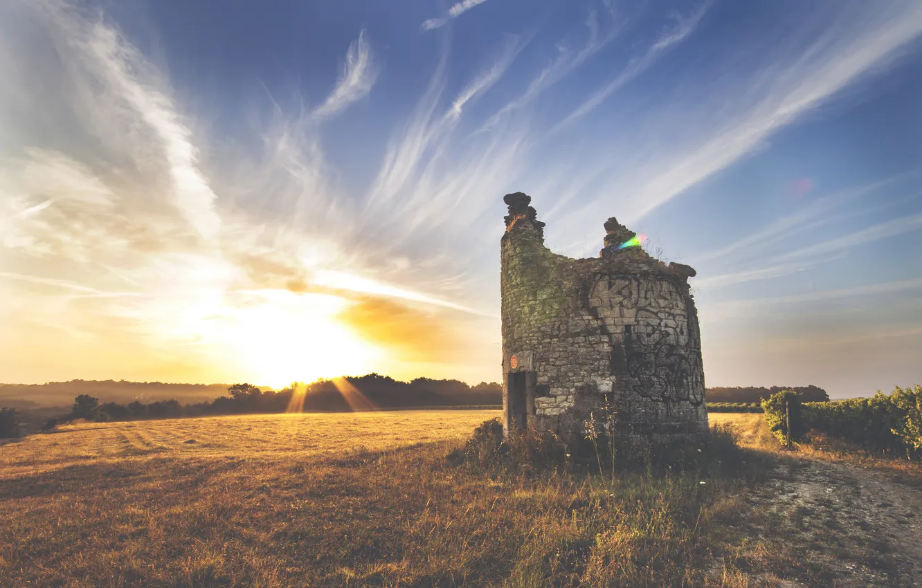 Photo wallpaper field, the sky, sunset clouds, ruin