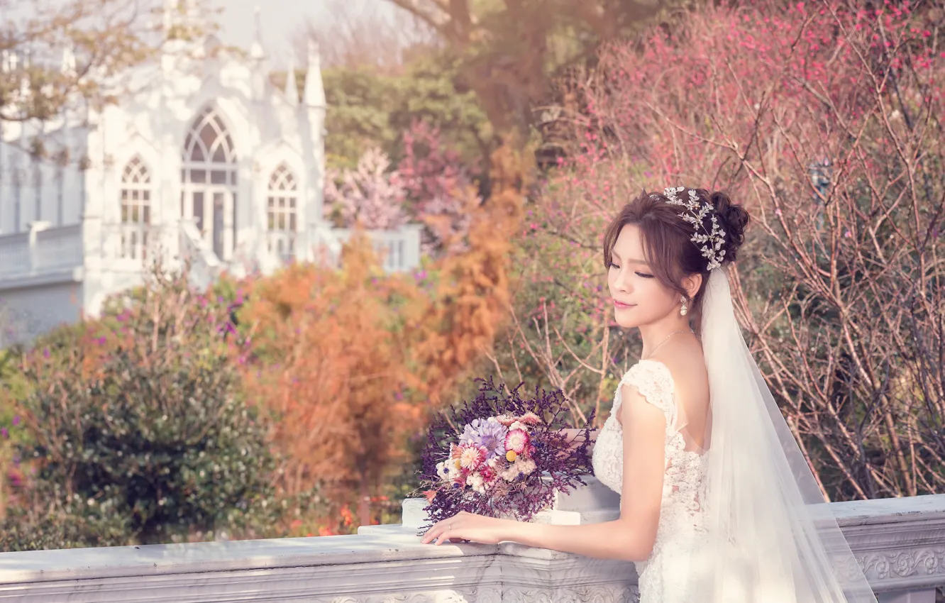 Photo wallpaper girl, bouquet, dress, the bride, phot