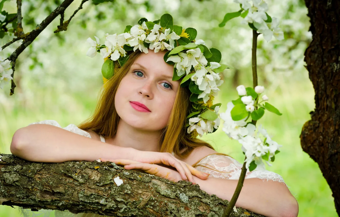 Photo wallpaper look, girl, flowers, hair, spring, wreath