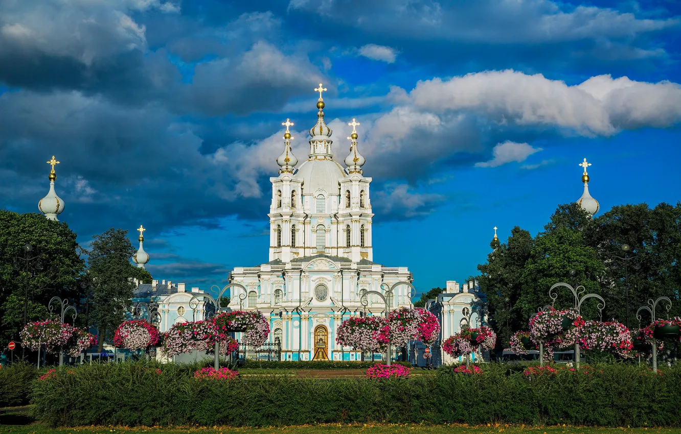 Photo wallpaper cross, green, flowers, megapolis, Smolny, garden, architecture, the city