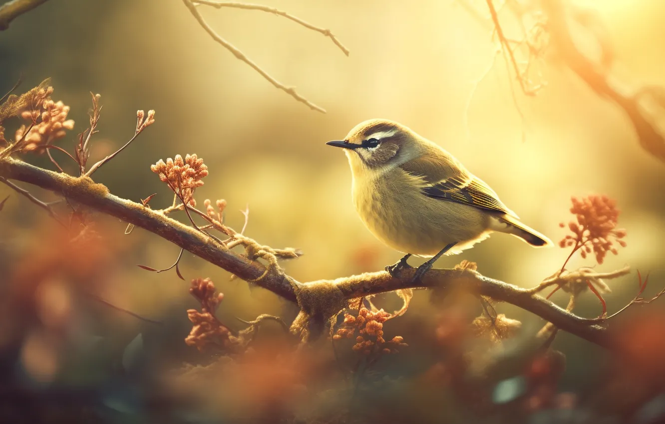 Photo wallpaper autumn, light, branches, yellow, bird, yellow background, bokeh, sitting on a branch