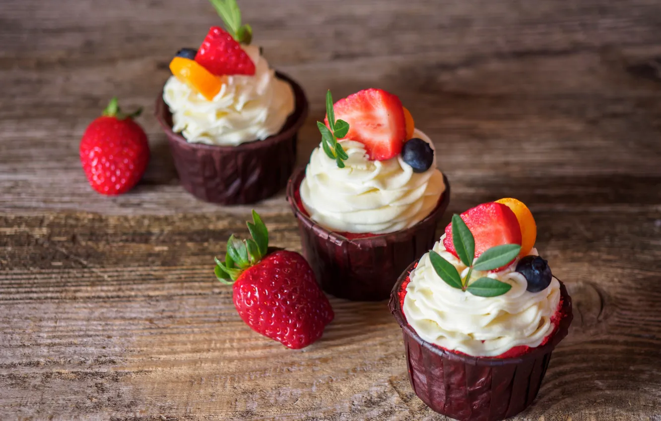 Photo wallpaper berries, sweets, cream, cakes, cupcakes