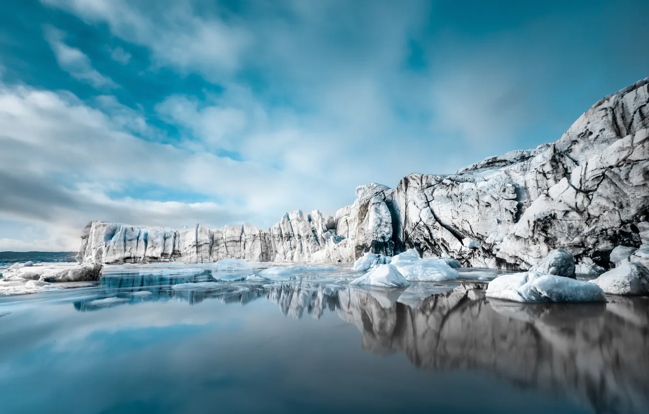 Photo wallpaper winter, sea, clouds, snow, reflection, shore, ice, glacier