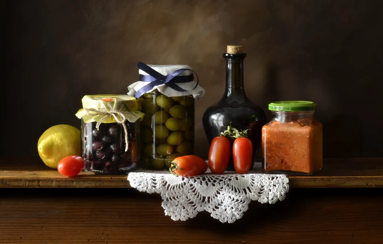 Photo wallpaper lemon, bottle, still life, tomato, olives