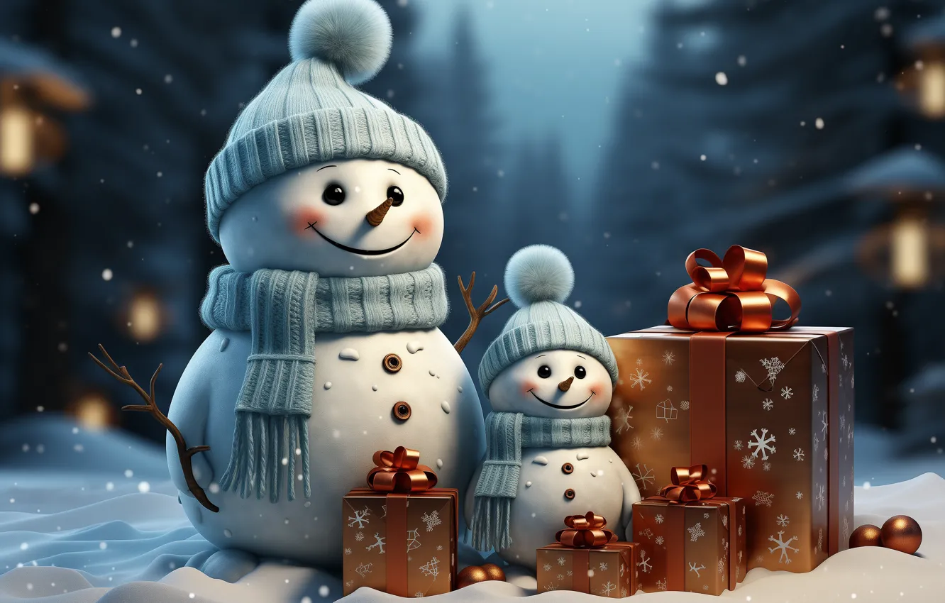 Photo wallpaper winter, forest, snow, snowflakes, night, children, smile, box