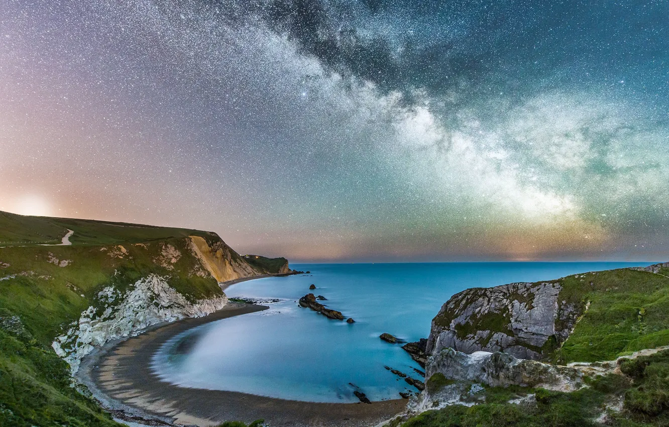 Photo wallpaper sea, coast, starry sky