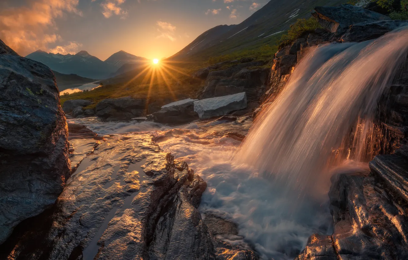 Photo wallpaper mountains, sunrise, dawn, waterfall, morning, Norway, Norway, Romsdalen Valley