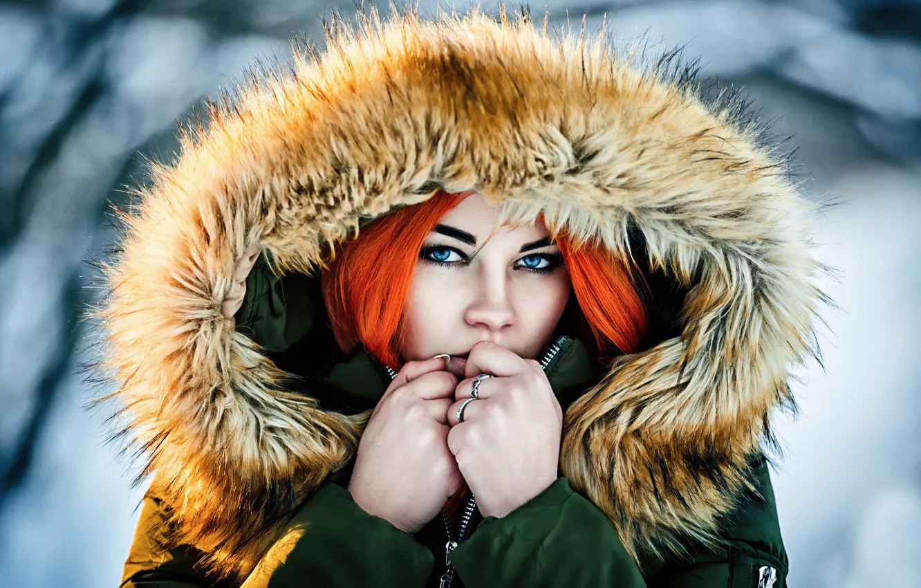 Photo wallpaper jacket, hood, fur, redhead, Masha Fox