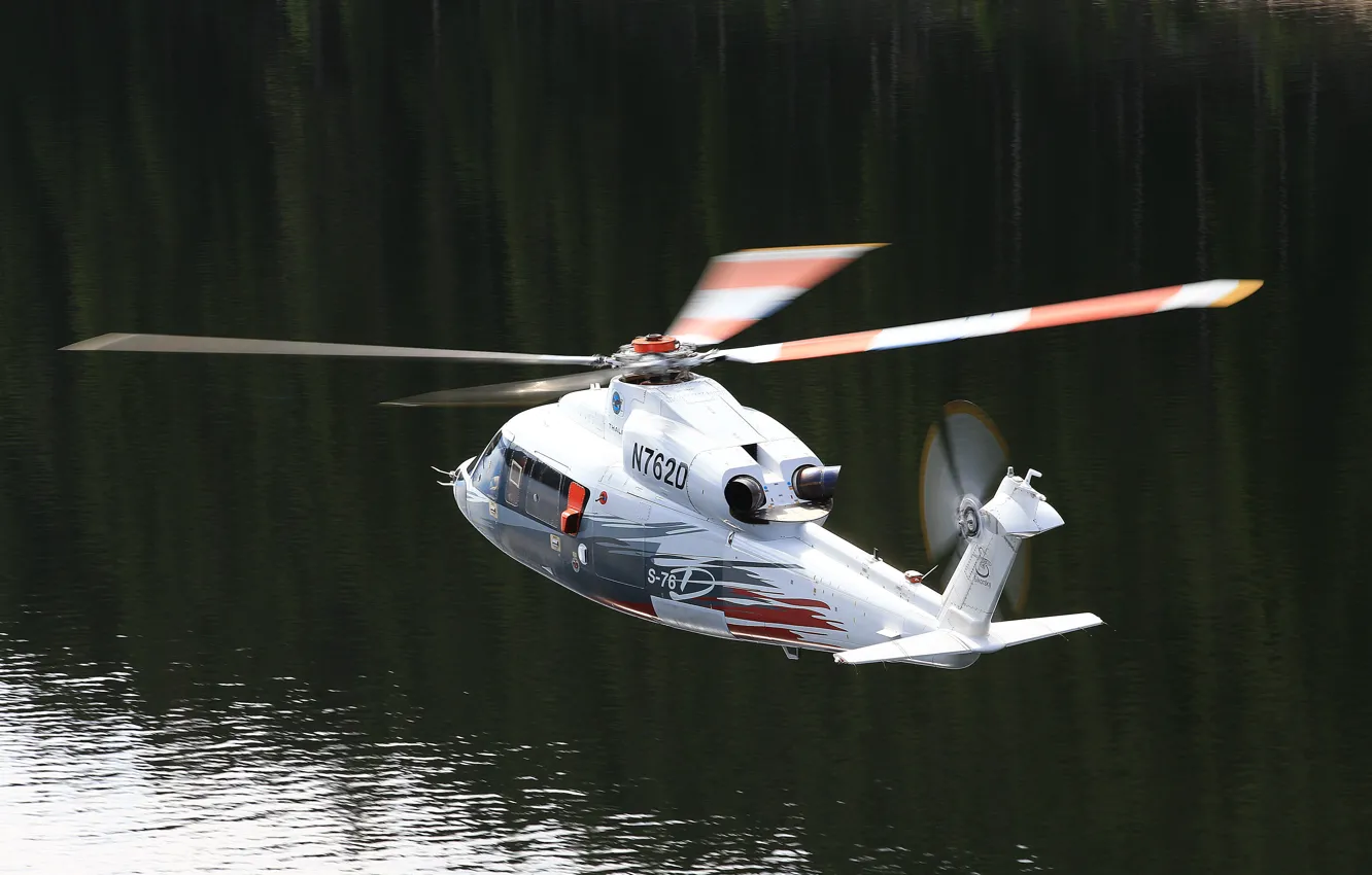 Photo wallpaper water, flight, surface, helicopter, Sikorsky, S-76D