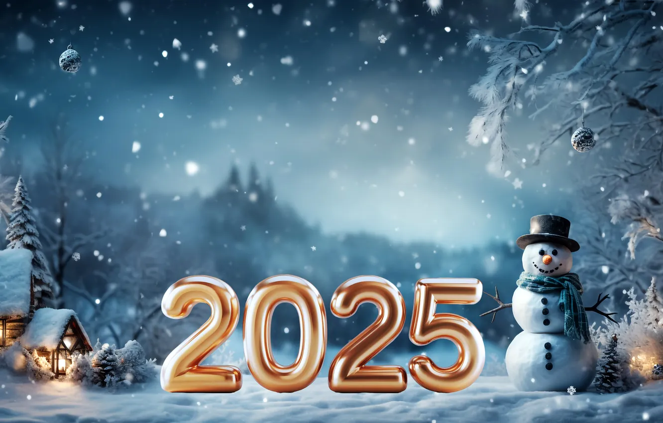 Photo wallpaper snow, decoration, figures, New year, golden, new year, winter, snow