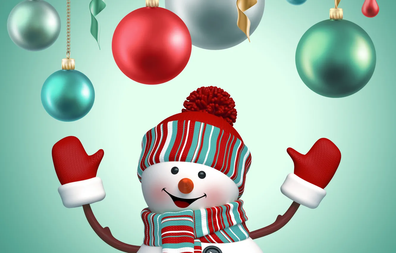 Photo wallpaper balls, New Year, Christmas, snowman, Christmas, New Year, cute, snowman