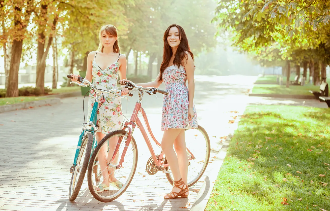Photo wallpaper girls, young, park, two, bicycles