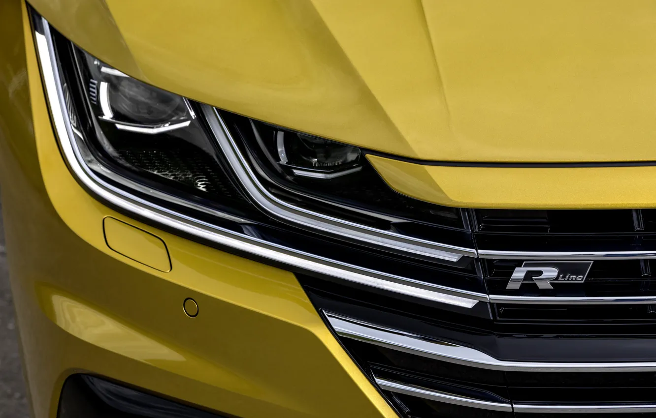 Photo wallpaper yellow, headlight, the hood, Volkswagen, grille, bumper, the front, 2018