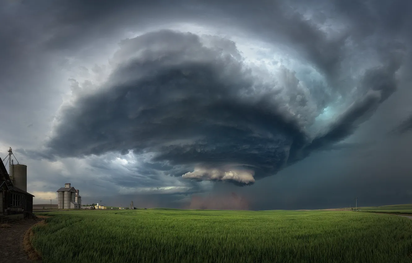 Photo wallpaper road, field, clouds, element, hurricane, tornado, ears, the barn