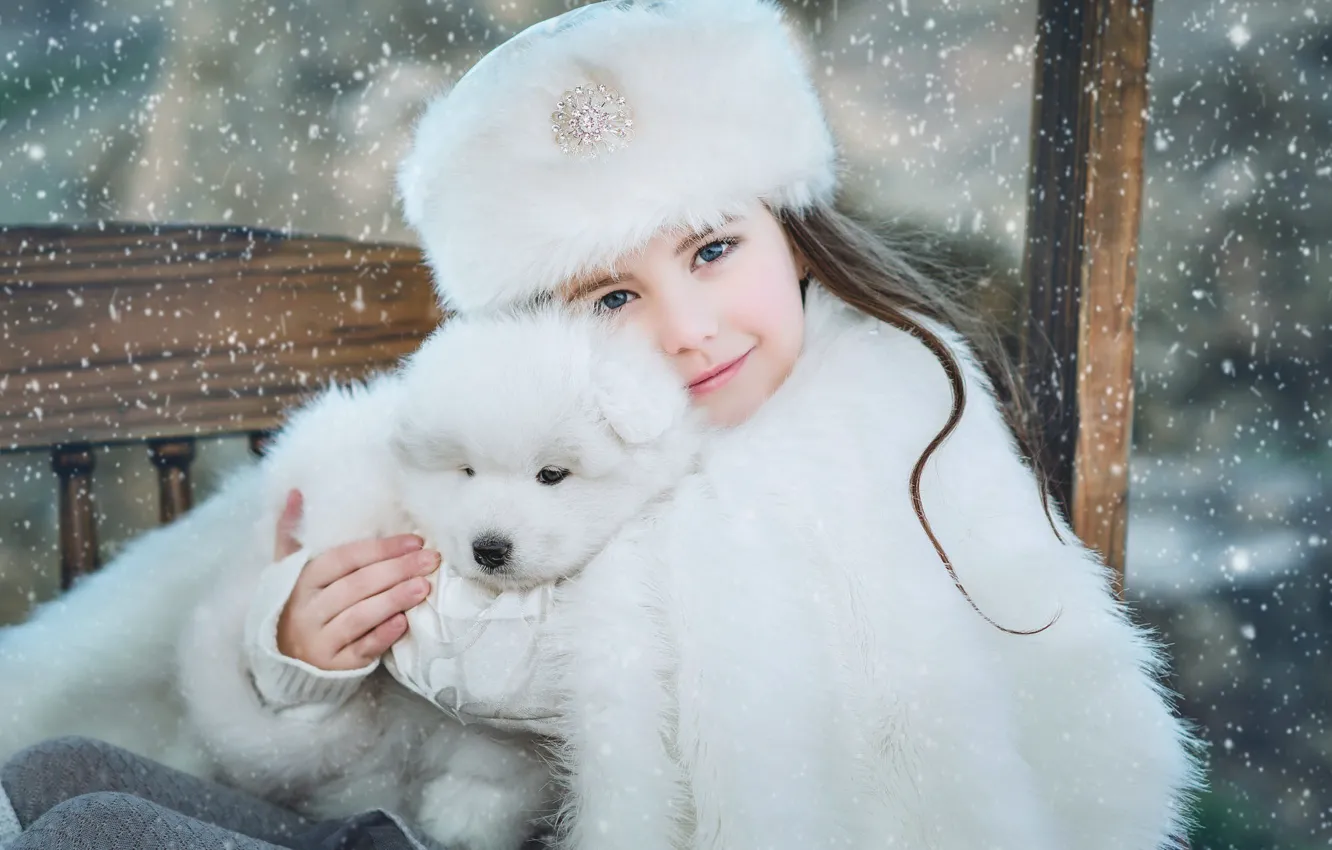 Photo wallpaper winter, look, snow, smile, hat, portrait, dog, baby