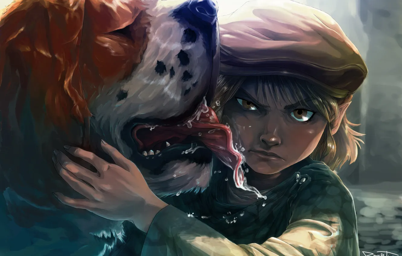 Photo wallpaper look, dog, boy, art, cap