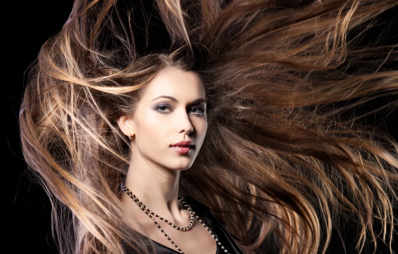 Photo wallpaper look, girl, face, hair, makeup, beads, black background