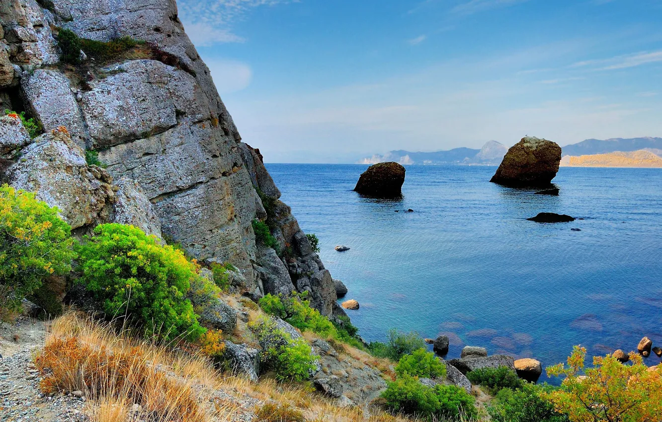 Photo wallpaper sea, mountains, stones, rocks, shore, black, the bushes, Crimea
