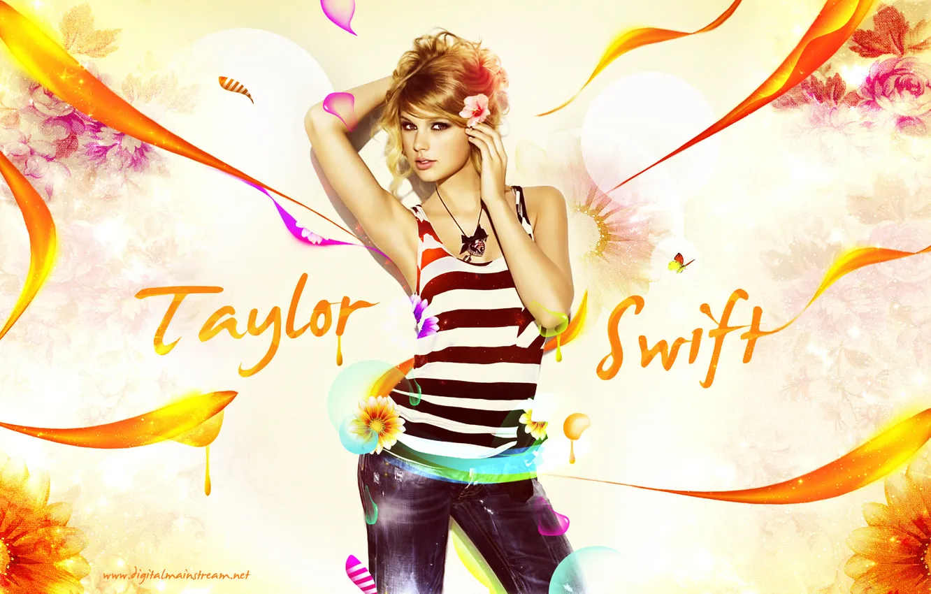 Photo wallpaper girl, butterfly, flowers, graphics, petals, singer, bright, Taylor