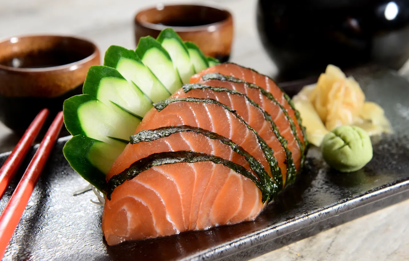 Photo wallpaper greens, algae, fish, cucumber, fish, Japanese cuisine, design, cucumber