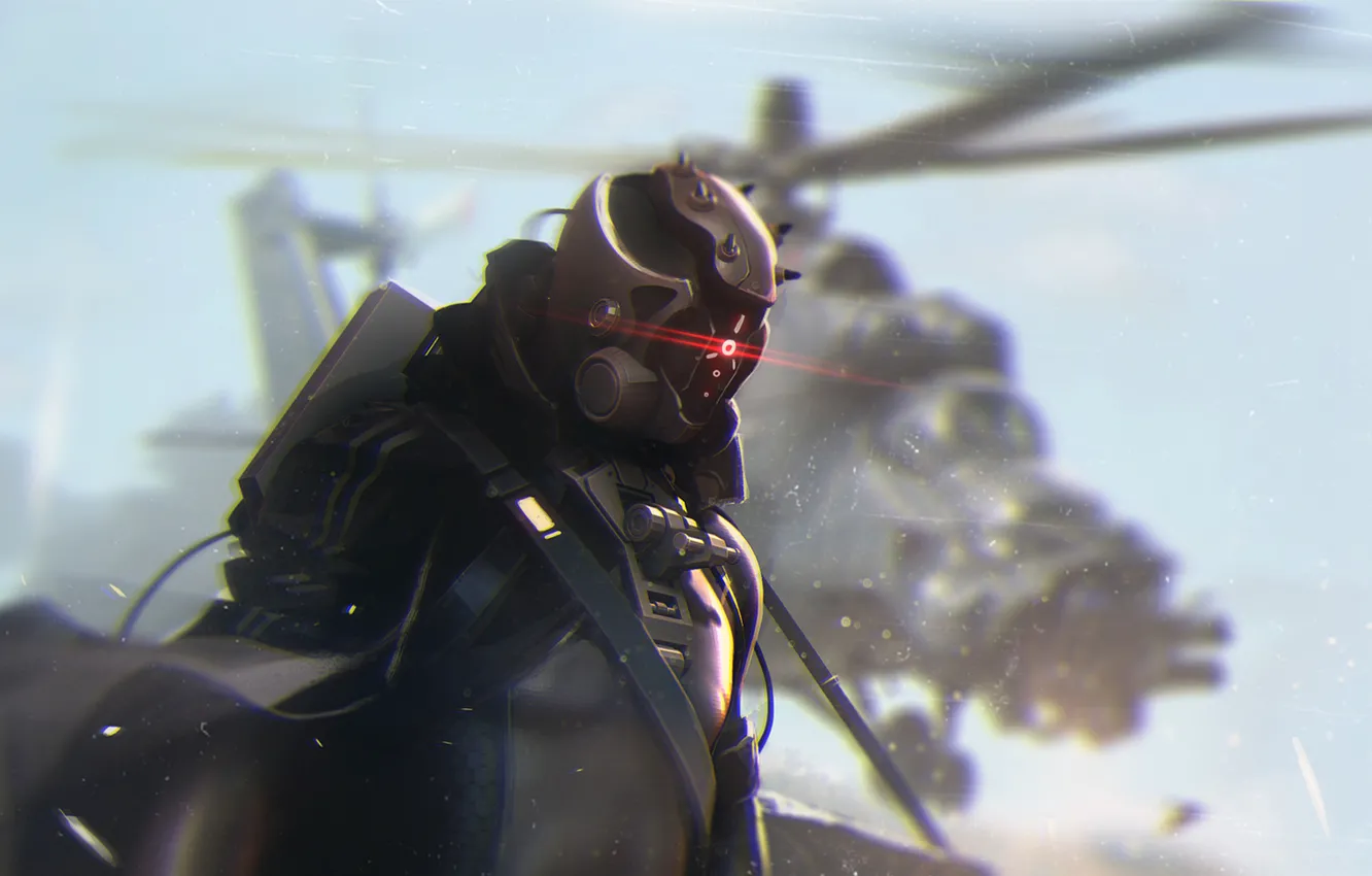 Photo wallpaper art, soldiers, helmet, helicopter, Cyclops