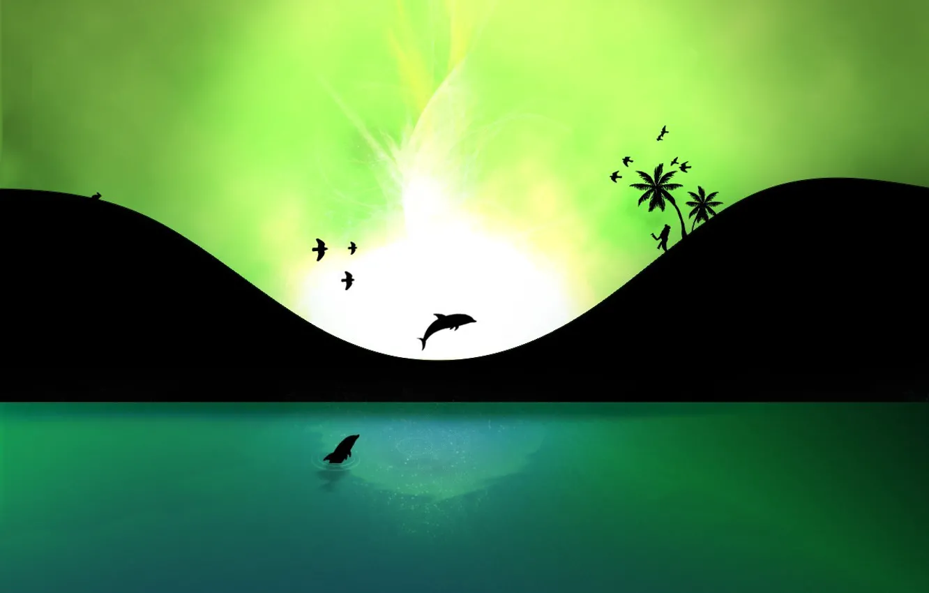 Photo wallpaper energy, water, dolphins