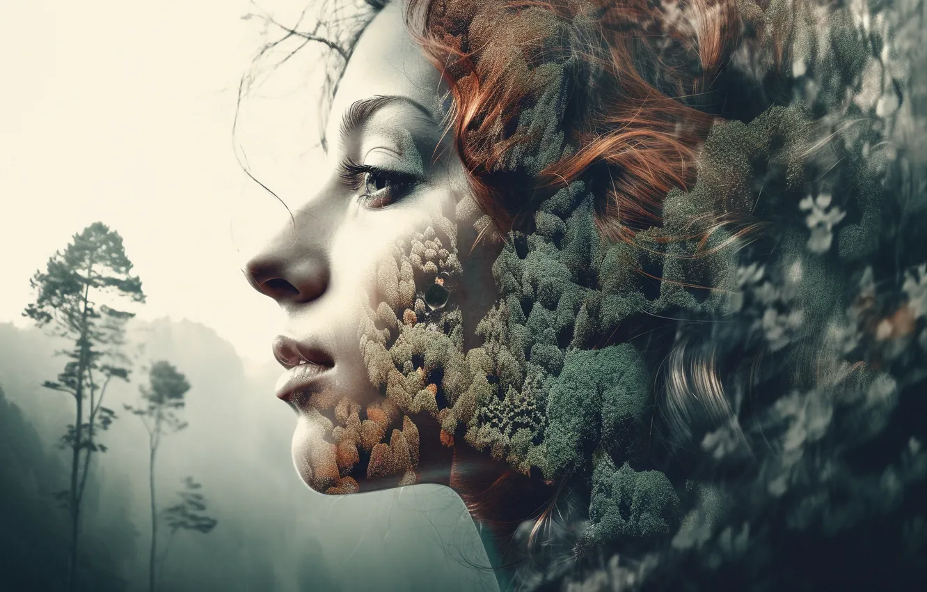 Photo wallpaper freedom, girl, trees, mountains, nature, hair, beauty, head