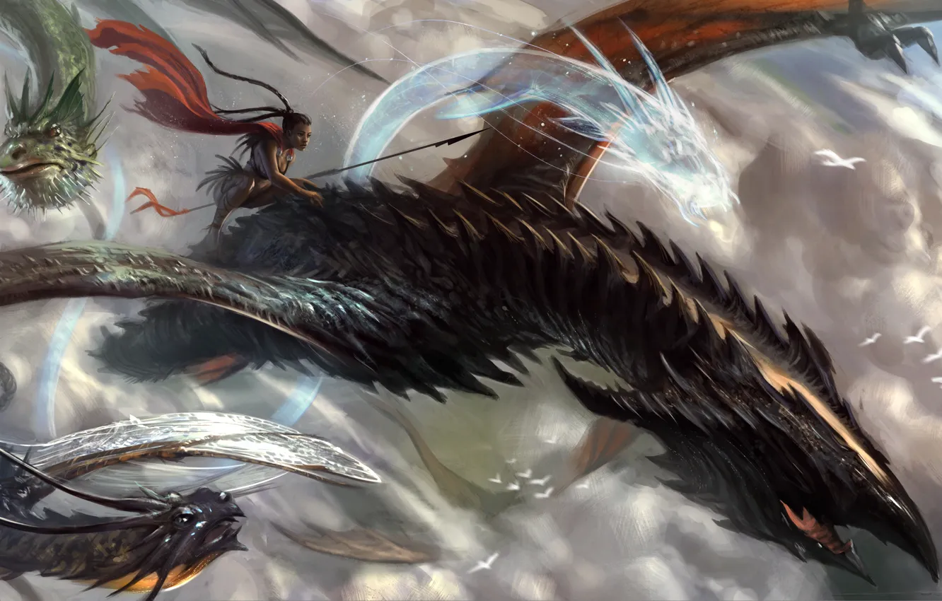 Photo wallpaper the sky, girl, clouds, race, dragon, chase, rider, spear