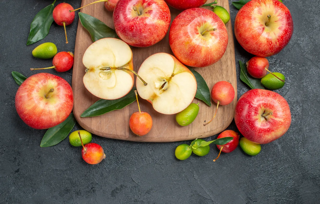 Photo wallpaper leaves, red, table, apples, citrus, fruit, placer, kitaika