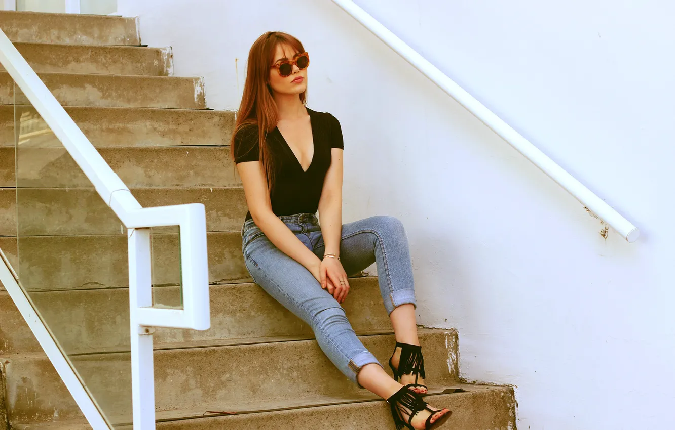 Photo wallpaper girl, model, jeans, glasses, ladder, glasses, on the stairs, Kristina Bazan