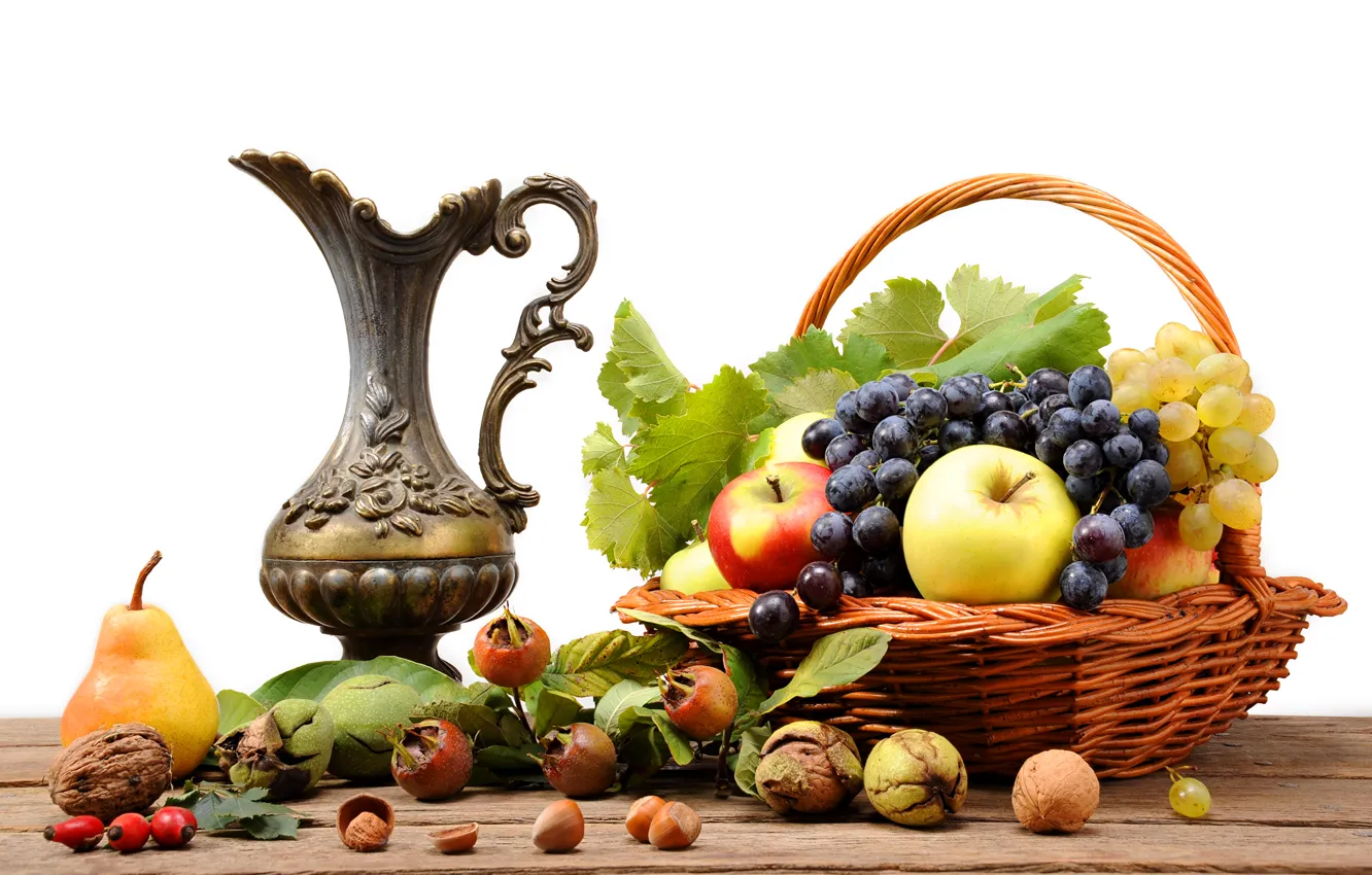 Photo wallpaper table, basket, apples, briar, grapes, pitcher, fruit, nuts