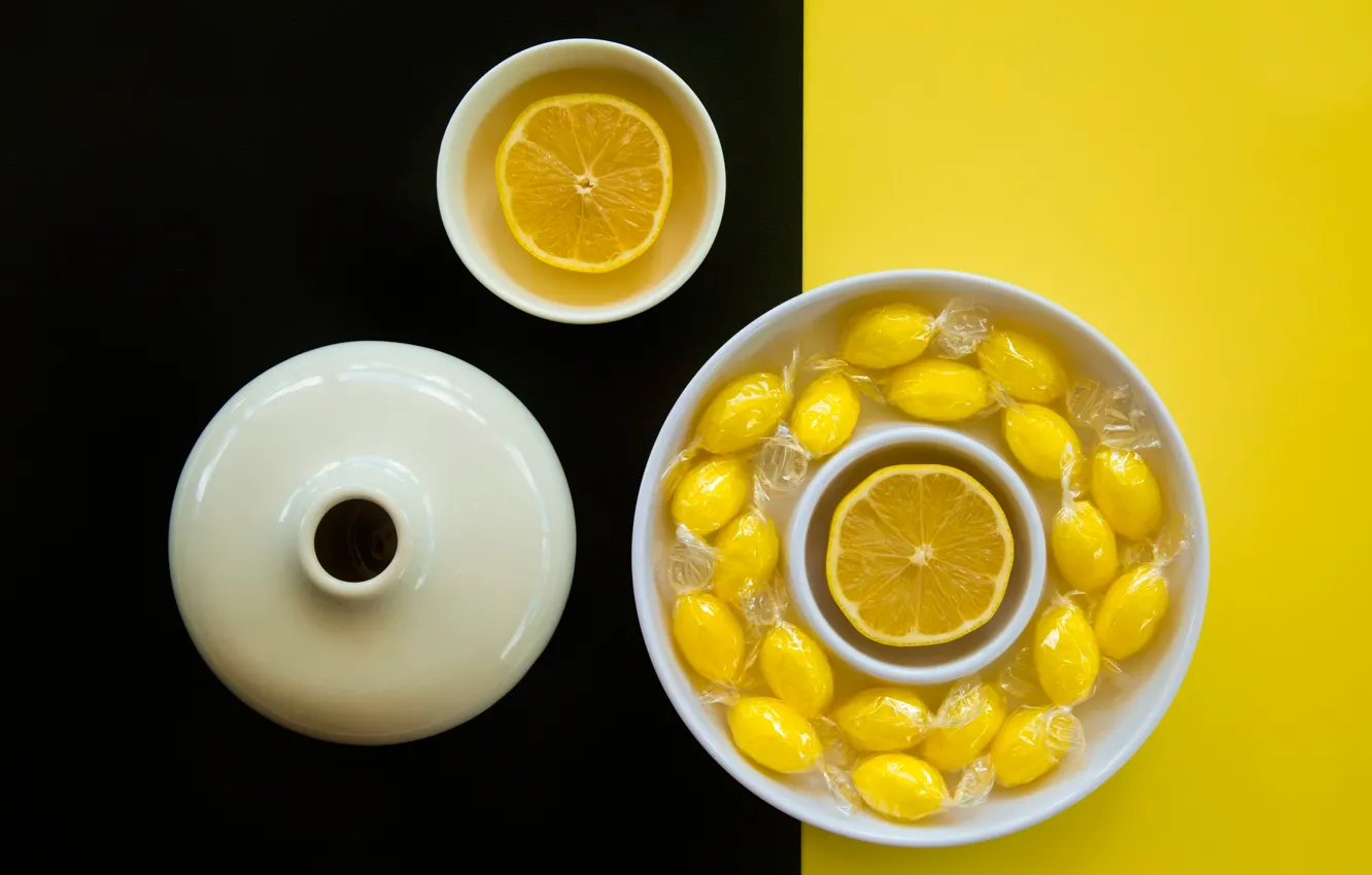 Photo wallpaper lemon, Cup, black and yellow background