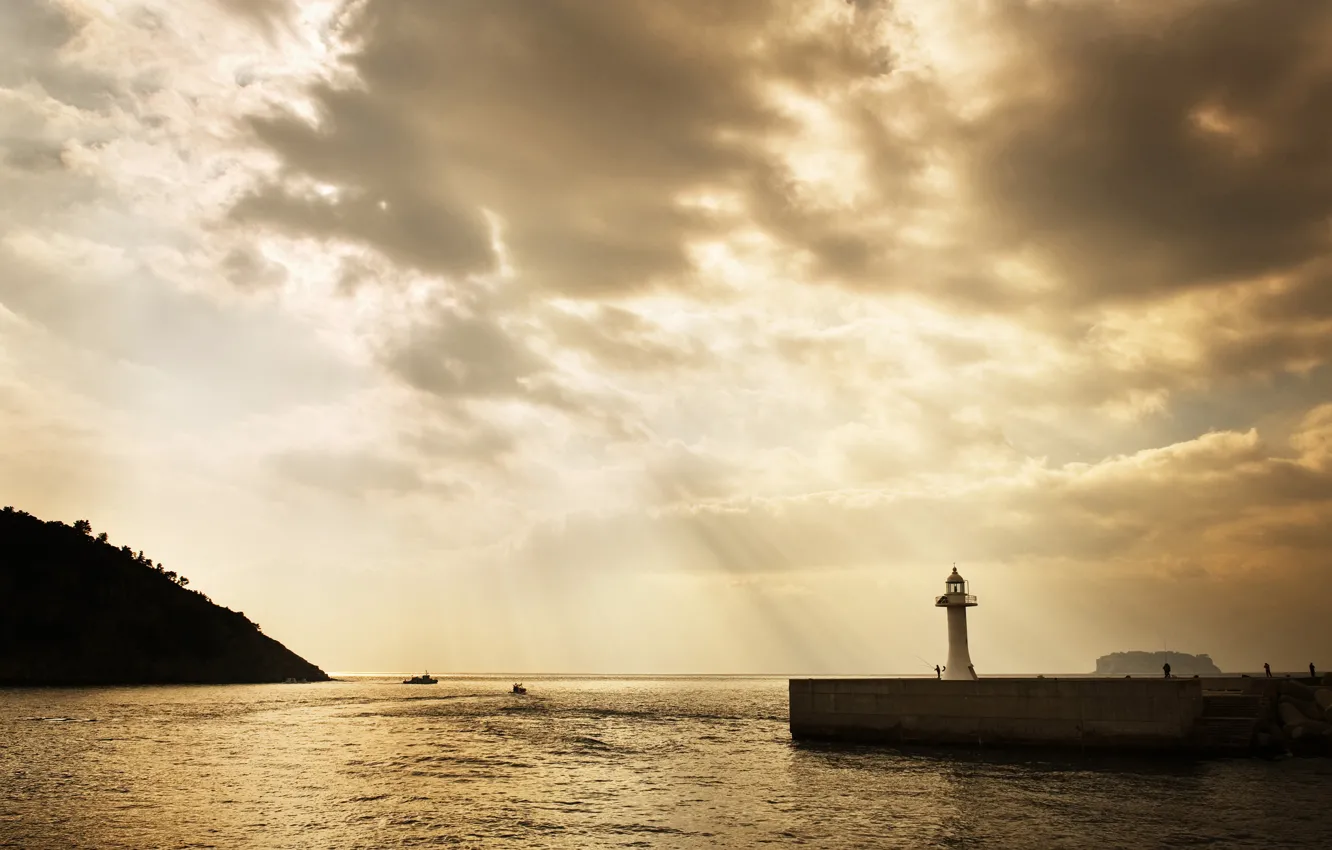 Photo wallpaper Water, Pier, Lighthouse, Light, Rays, Ships, Glimpses