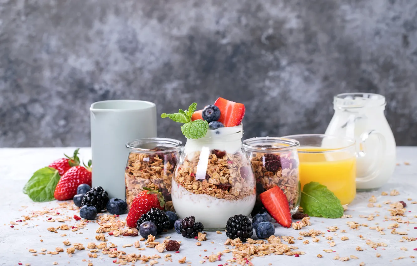 Photo wallpaper berries, Breakfast, juice, muesli, yogurt, Roman Dbree