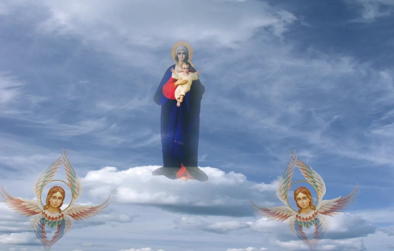 Photo wallpaper the sky, Jesus, angel, Virgin