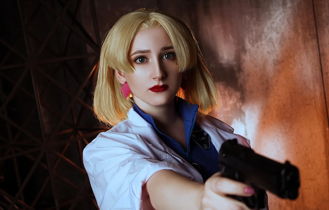 Photo wallpaper gun, grille, blonde, costume, outfit, image, form, Bathrobe