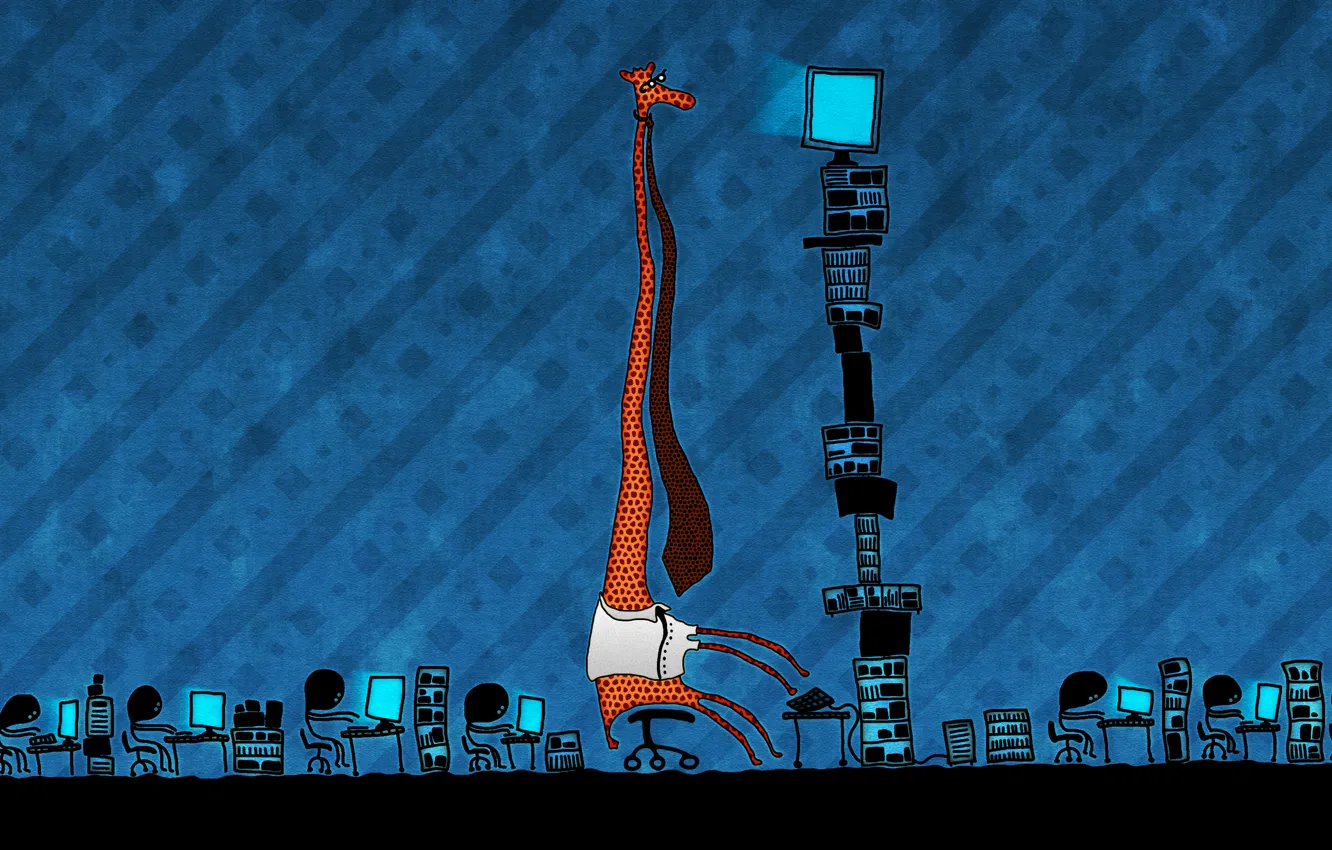 Photo wallpaper humor, giraffe, office, tie, computers
