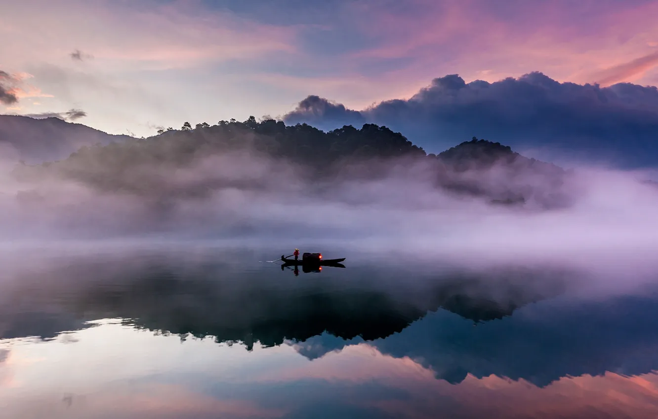 Photo wallpaper fog, river, boat, China, East River, Guangdong province