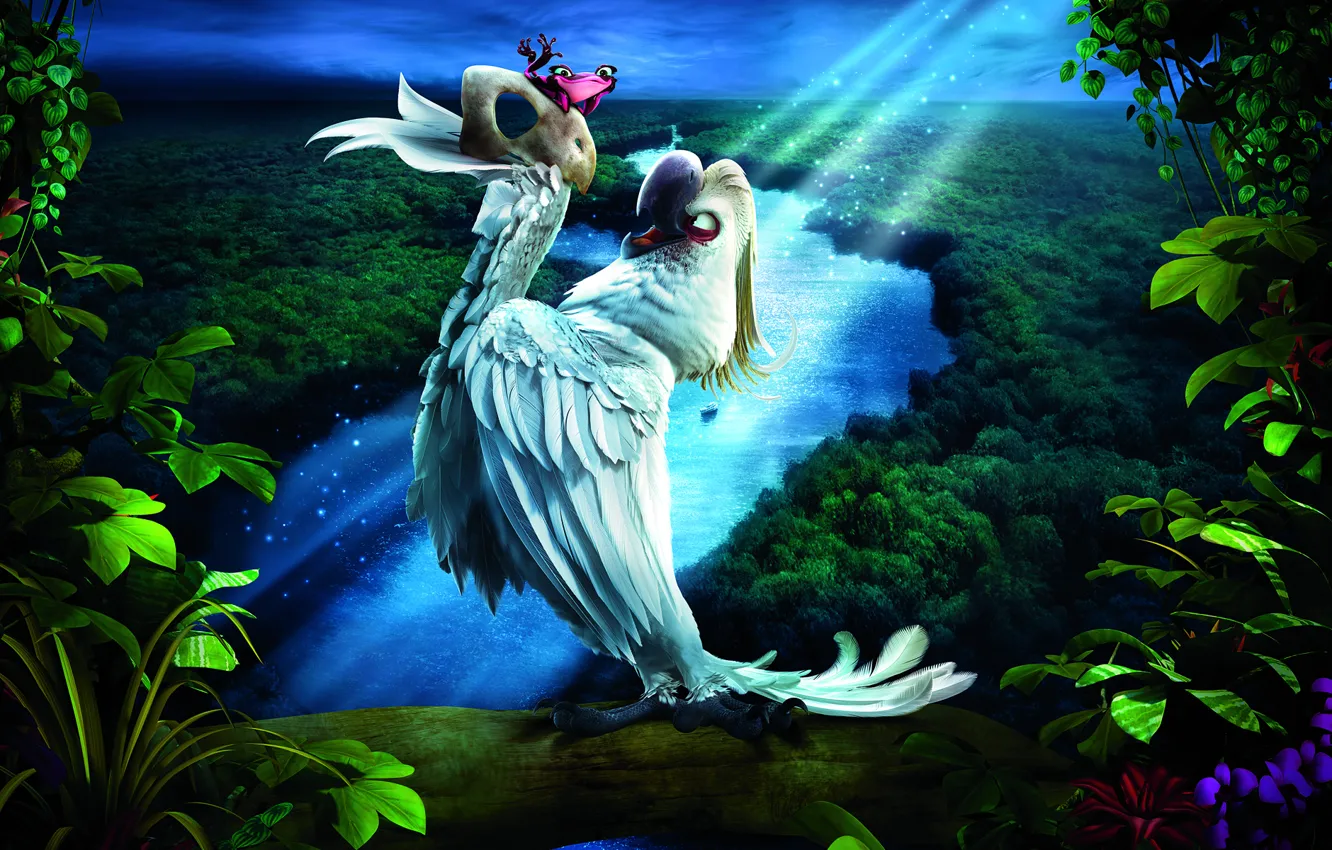 Photo wallpaper flowers, river, bird, frog, jungle, parrot, Brazil, Rio de Janeiro