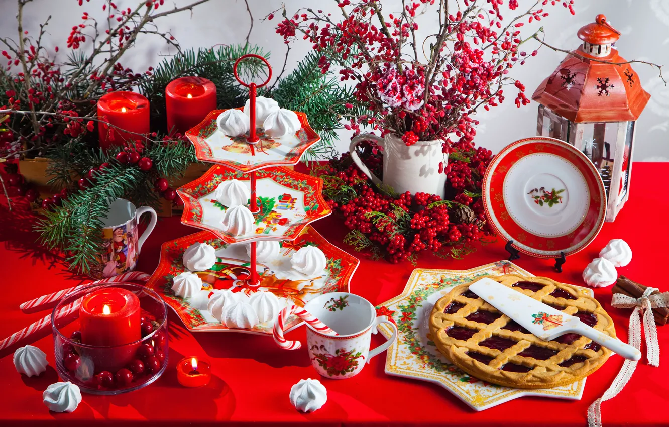 Photo wallpaper berries, candles, Christmas, pie, lantern, Cup, cakes, sweet