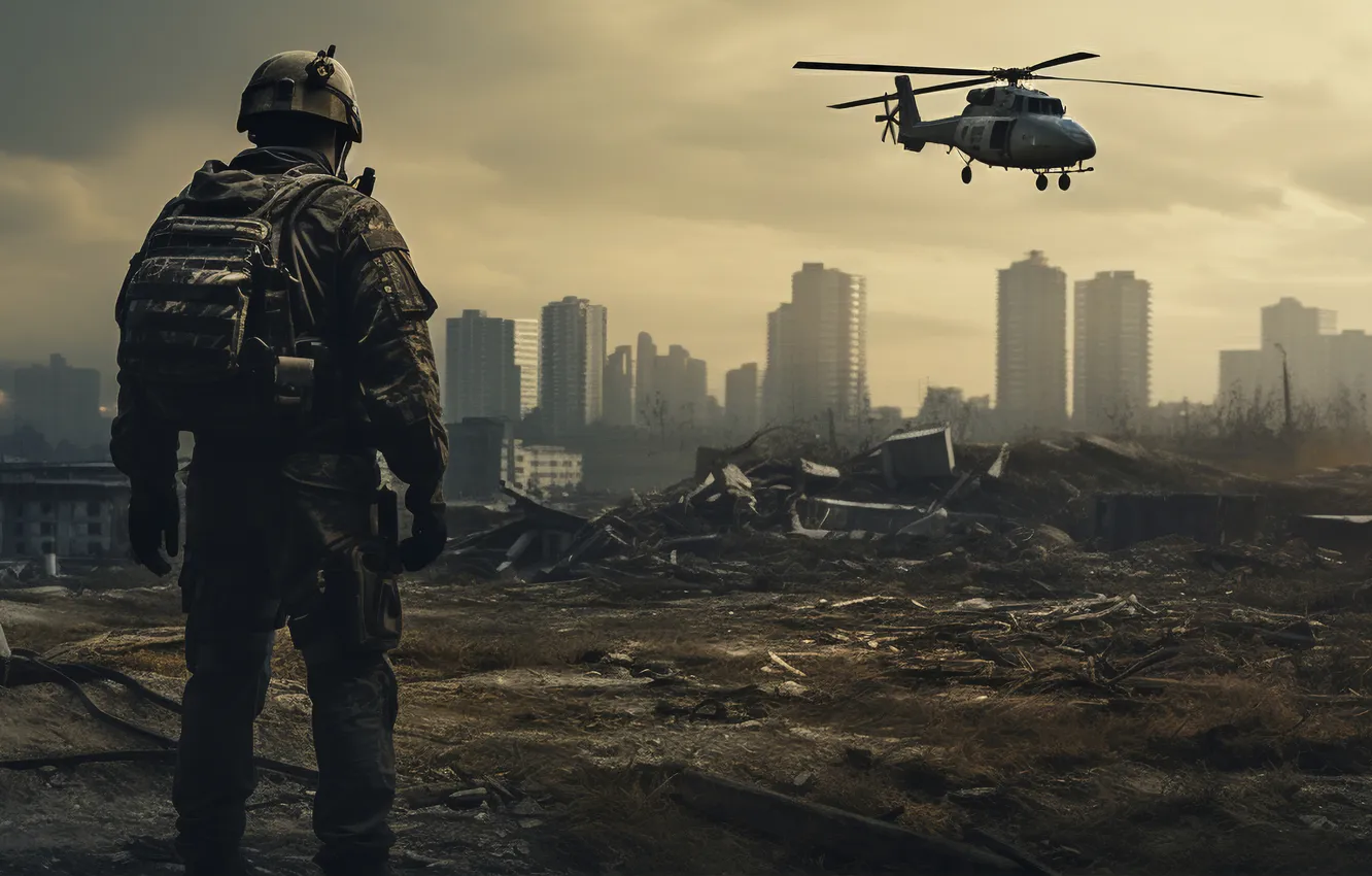 Photo wallpaper the city, home, soldiers, male, helicopter, helmet, digital art, AI art