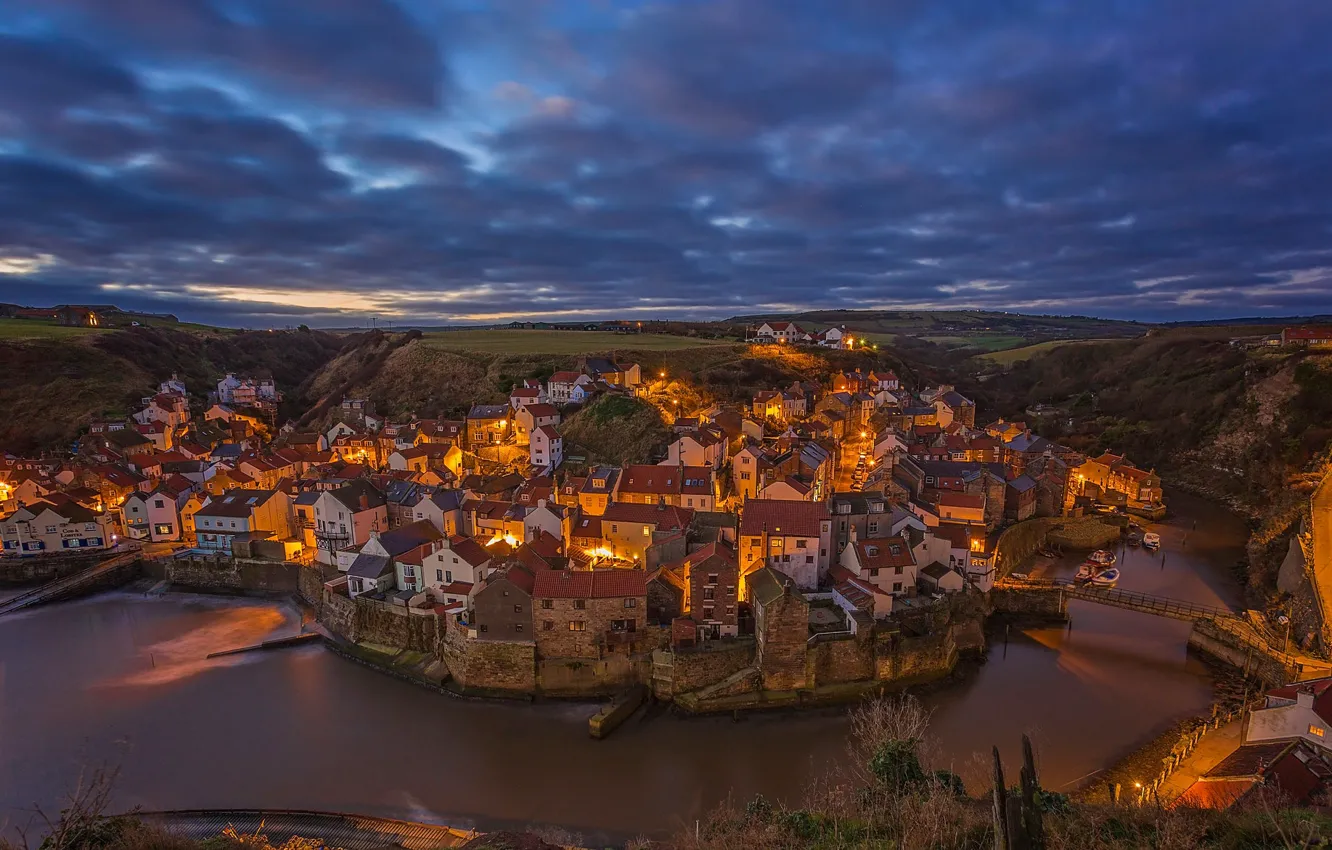 Photo wallpaper river, England, building, home, village, panorama, town, England
