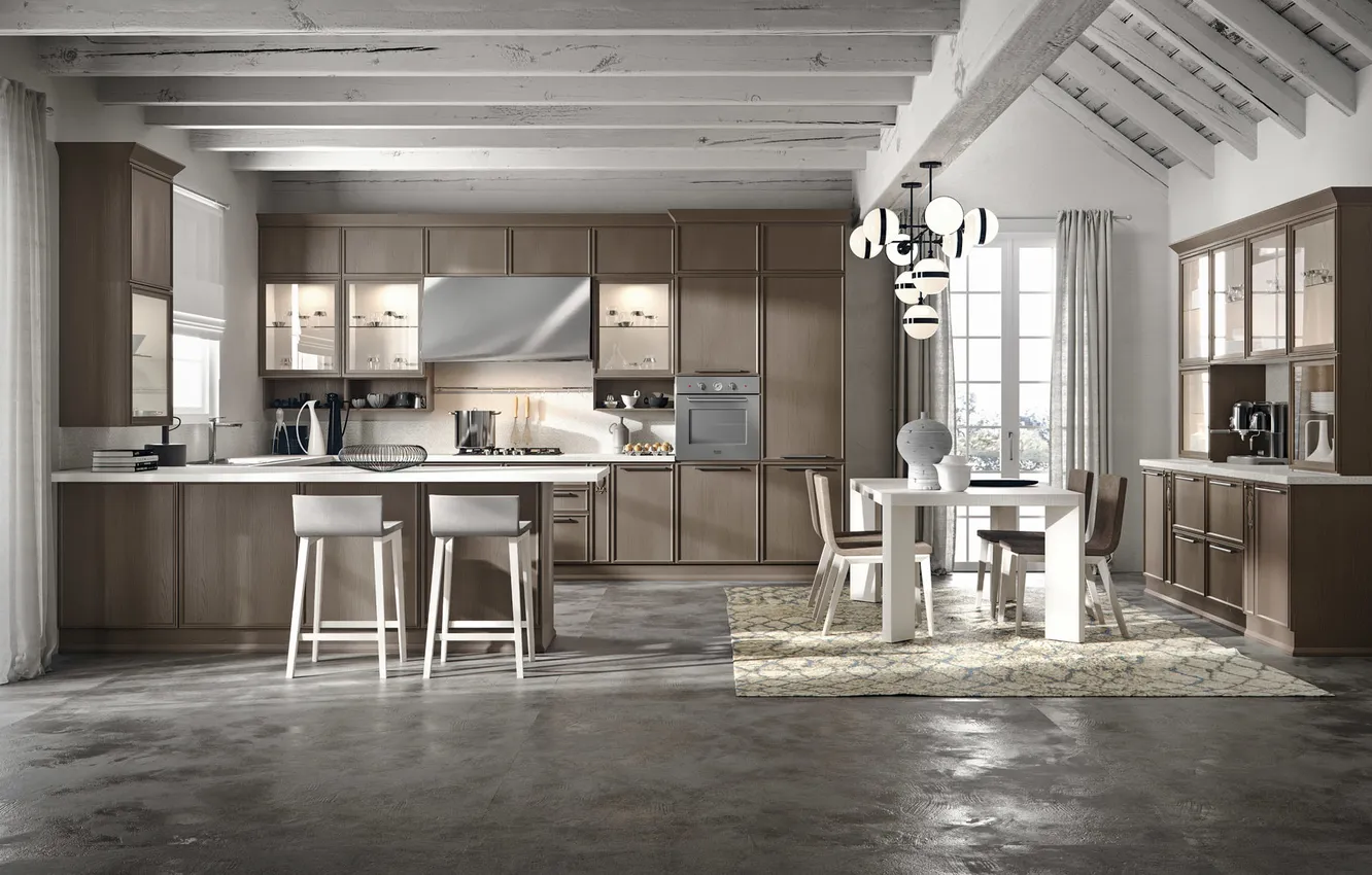 Photo wallpaper style, Villa, interior, Italy, kitchen, dining room, dining area, Italian design