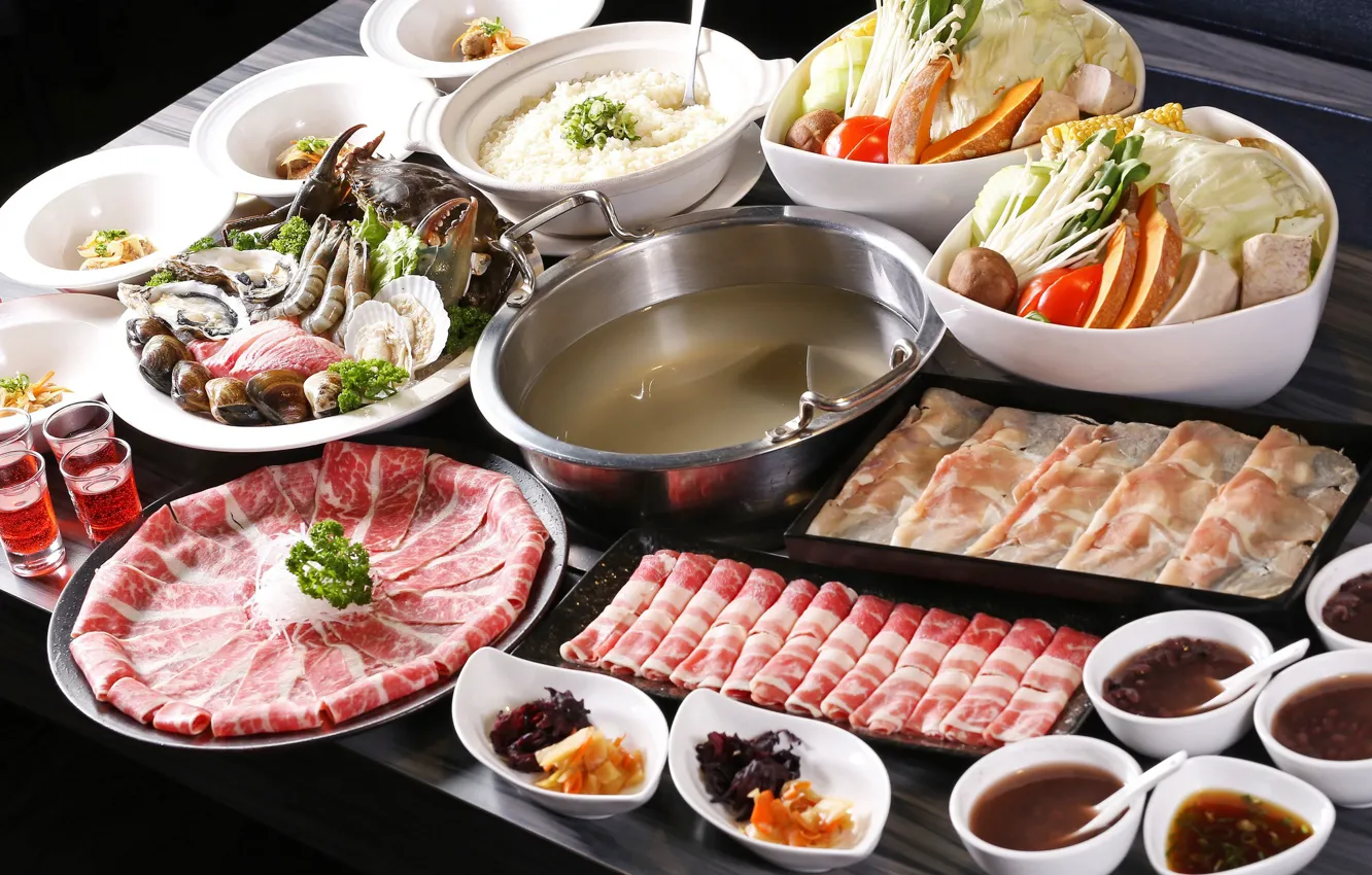 Photo wallpaper plate, meat, bowl, cutting, seafood