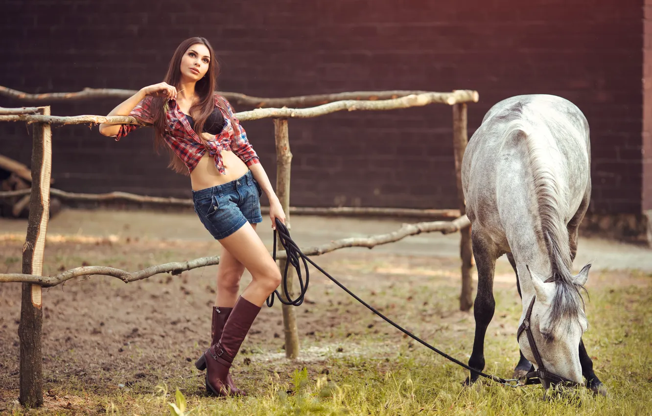 Photo wallpaper grass, girl, pose, horse, shorts, boots, figure, white