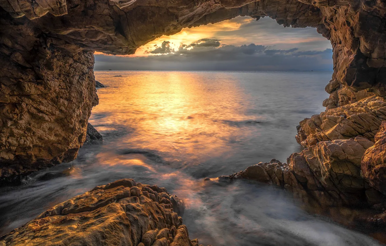 Photo wallpaper sea, sunset, rocks