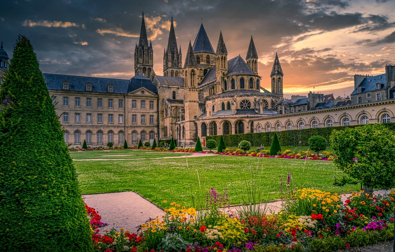 Photo wallpaper flowers, Park, France, the building, Church, France, Normandy, Normandy