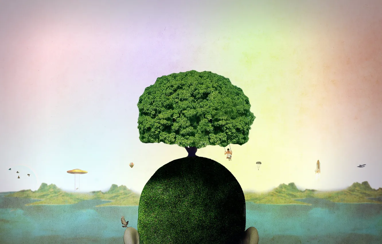 Photo wallpaper freedom, trees, bird, UFO, head, space, space, freedom