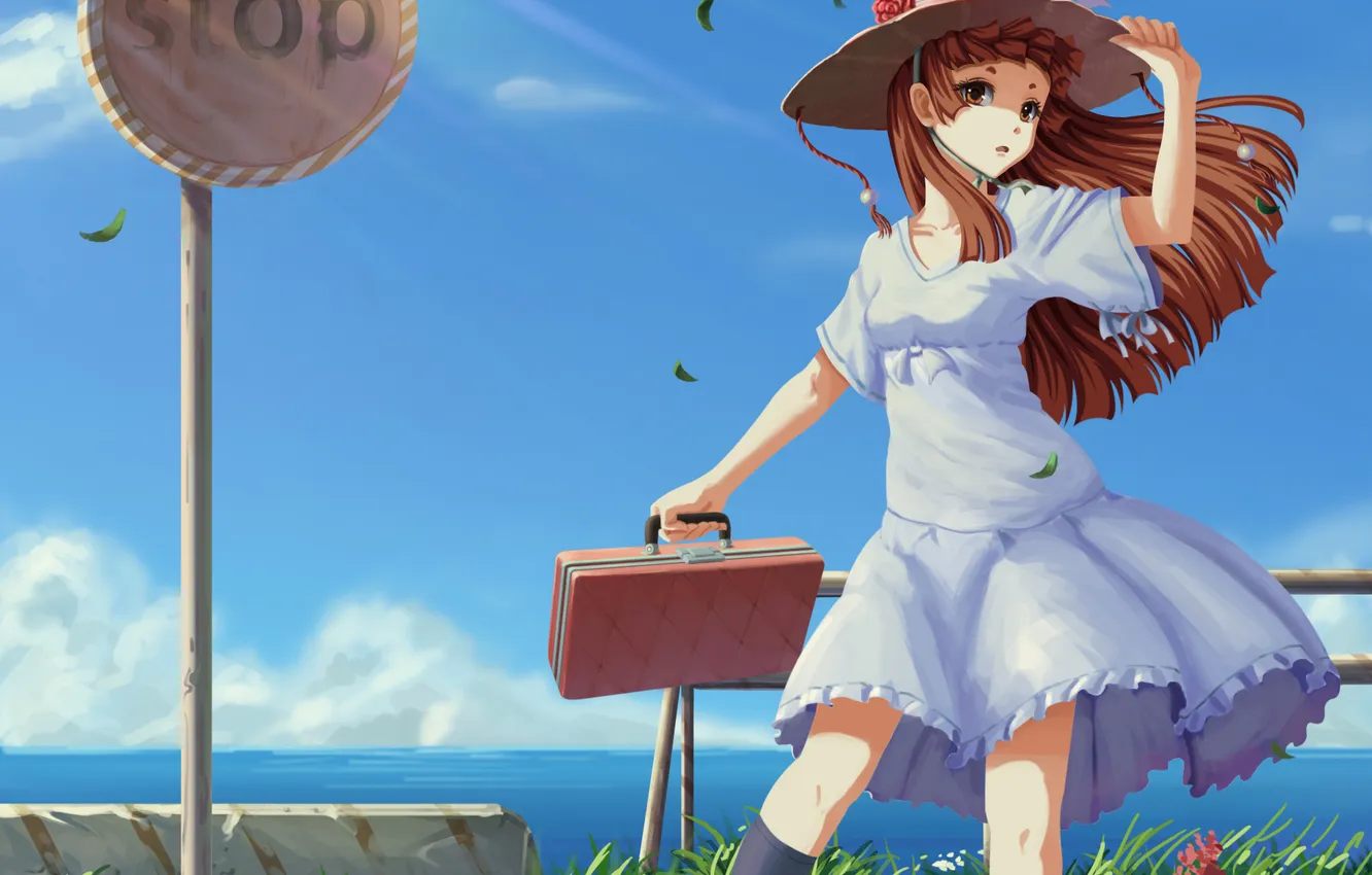 Photo wallpaper sea, look, girl, hat, suitcase, art, chongwuxin, the stop sign