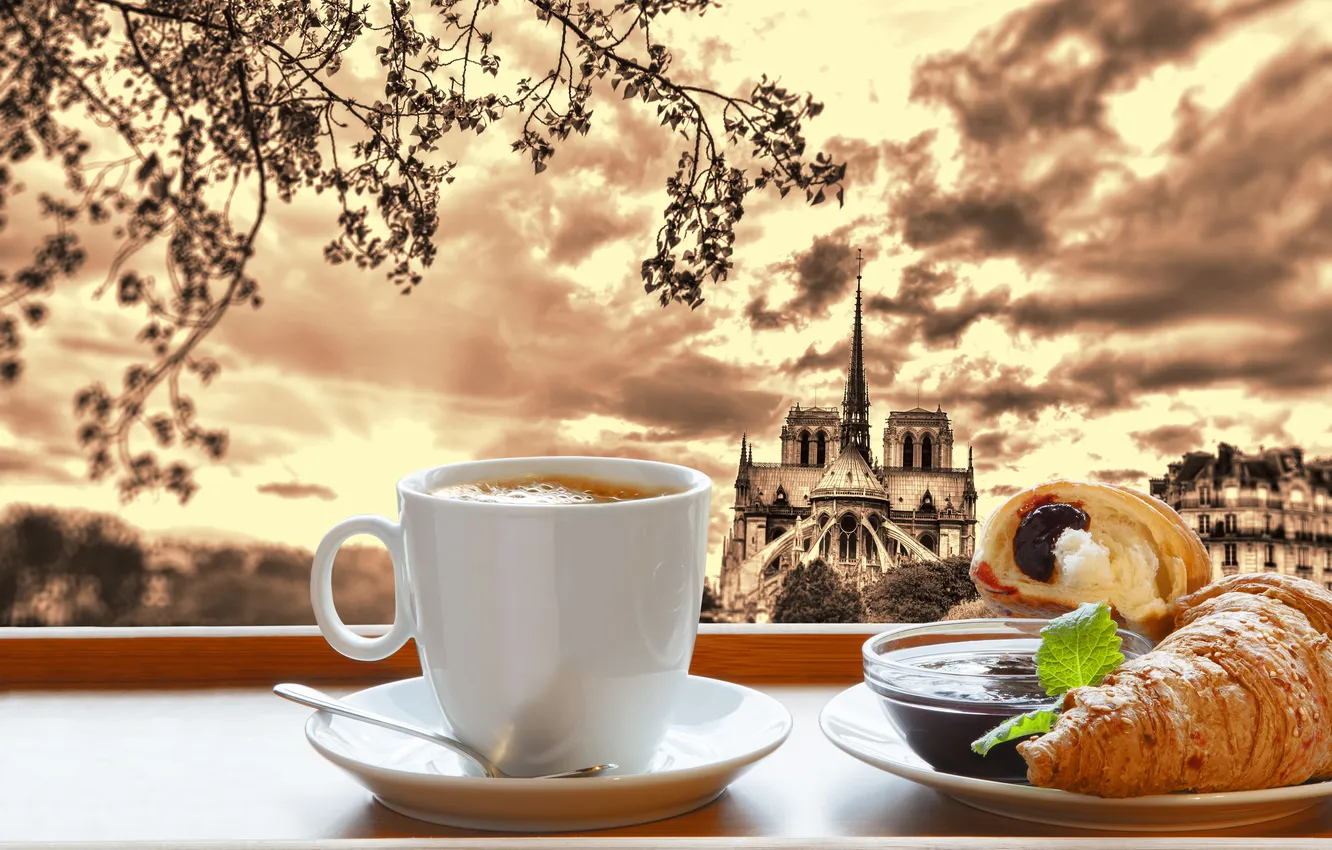 Photo wallpaper Paris, coffee, Breakfast, Paris, cathedral, France, Our Lady, cup